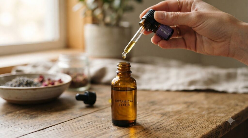 Close-up of a small amber glass dropper bottle filled with a golden oil blend with a few drops of essential oil being ad