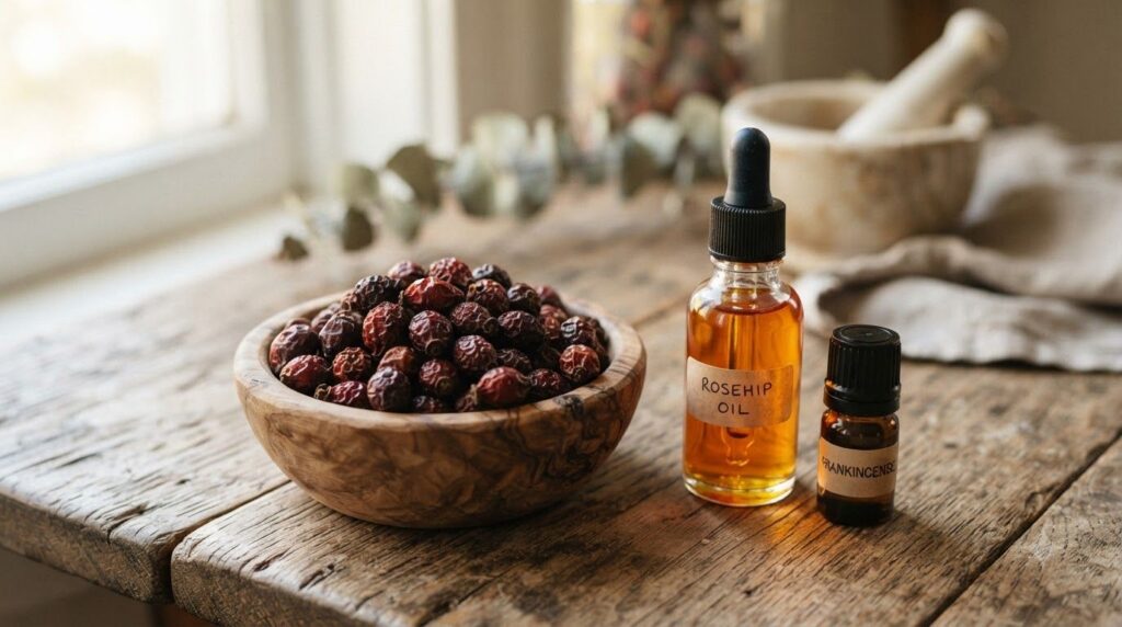 Close-up of a small bowl of dried rose hips next to a bottle of rosehip oil and a few drops of frankincense essential oi