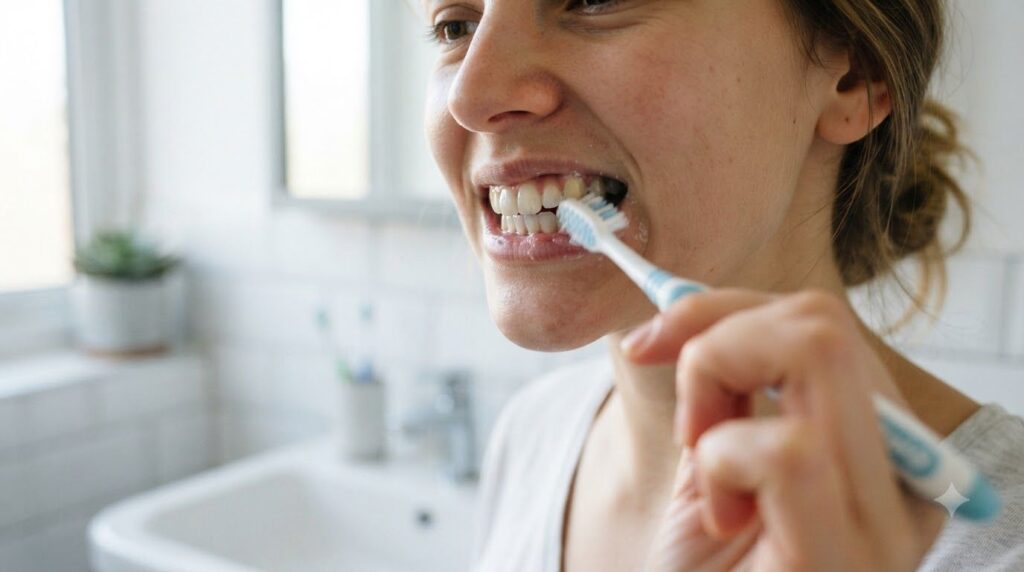 A person gently brushing their teeth with a soft-bristled toothbrush showing a close-up of the mouth and hand