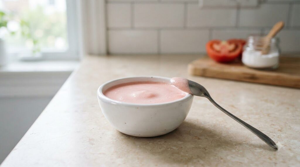 A small white ceramic bowl containing a pinkish paste made from tomato juice and baking soda with a spoon nearby