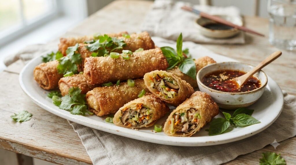 A colorful plate of crispy vegetable spring rolls some showing the vibrant mix of cabbage carrots and mushrooms inside F