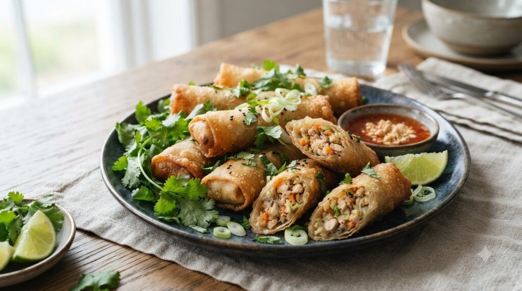 Crispy chicken spring rolls on a serving platter showing a golden-brown exterior and a peek of the chicken and vegetable
