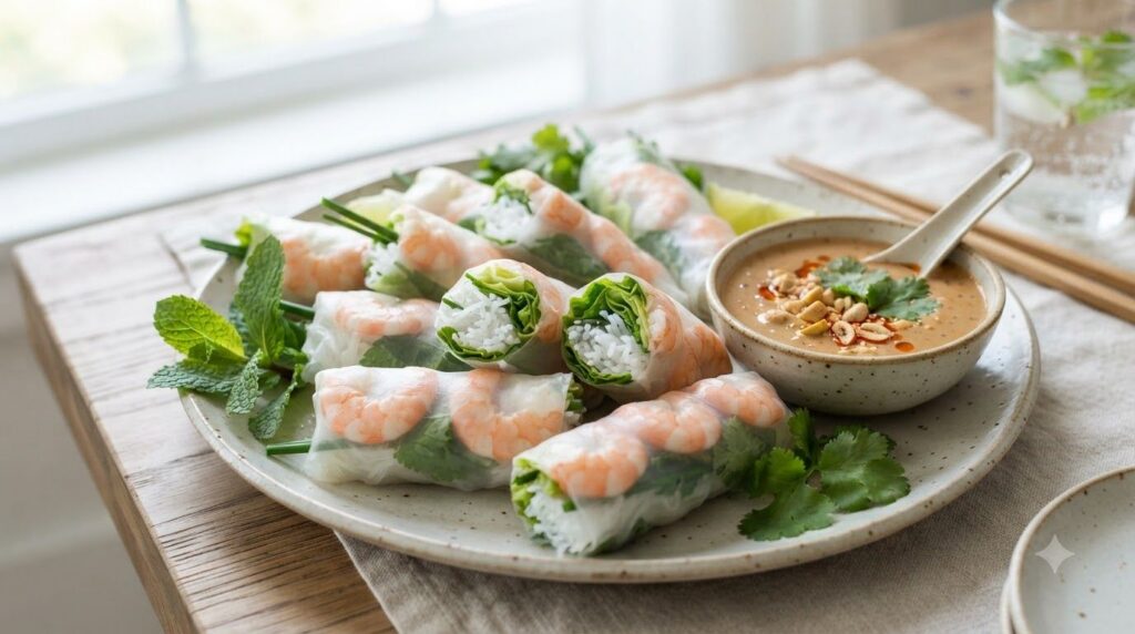 Translucent fresh shrimp summer rolls arranged on a platter showing the vibrant colors of shrimp lettuce mint and vermic