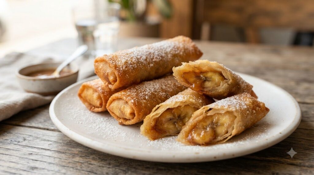 Golden-fried sweet banana spring rolls dusted with powdered sugar on a dessert plate Some are sliced to reveal the warm 