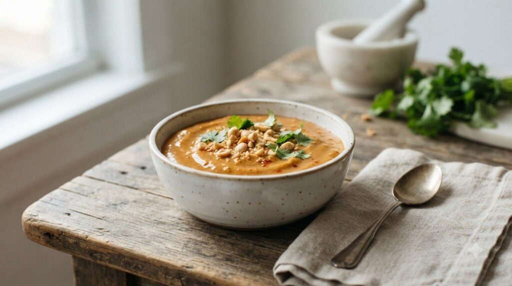 A small bowl of creamy rich peanut dipping sauce garnished with crushed peanuts and a sprinkle of cilantro The backgroun