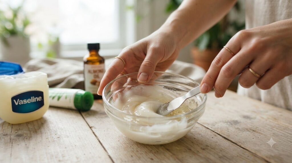 A close-up of hands mixing Vaseline aloe vera gel and almond oil in a small glass bowl with a spatula creating a smooth 