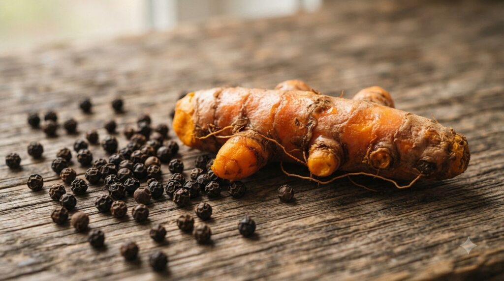 A close-up shot of vibrant orange turmeric root and dark black peppercorns perhaps in small bowls or scattered on a surf