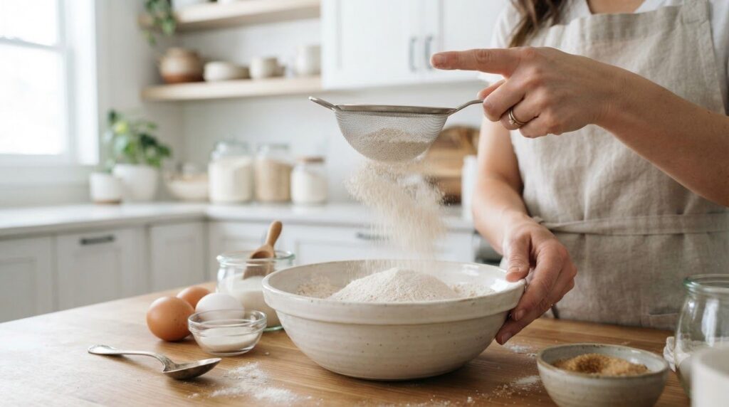 A close-up of a hand sifting fine oat flour into a mixing bowl alongside other baking ingredients like eggs and sugar Th
