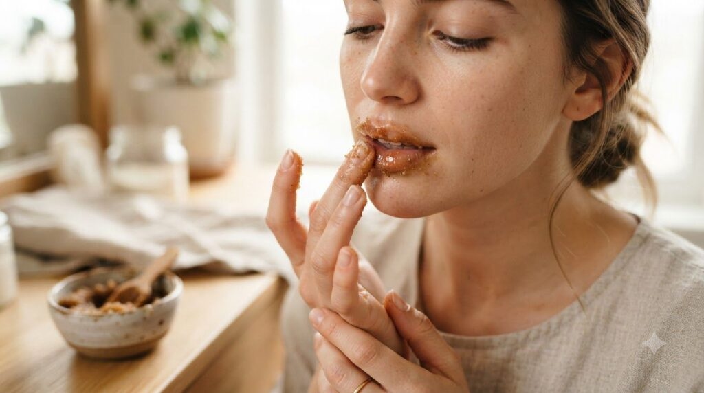 A close-up shot of hands gently applying a DIY lip scrub to lips with a small bowl of the Vaseline and sugar mixture in