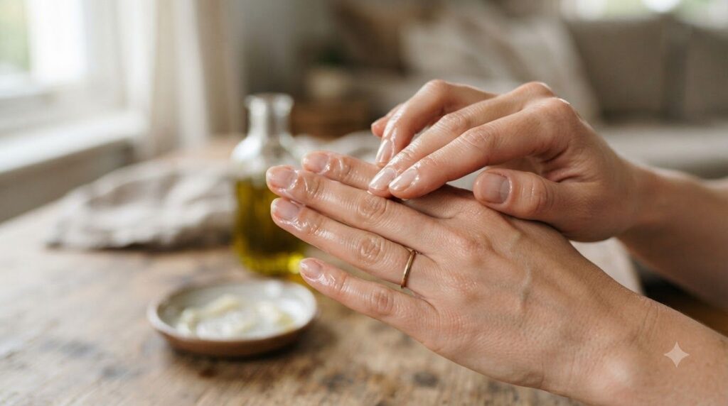 A close-up image of hands massaging Vaseline and olive oil into fingernails and cuticles showing well-groomed hands agai