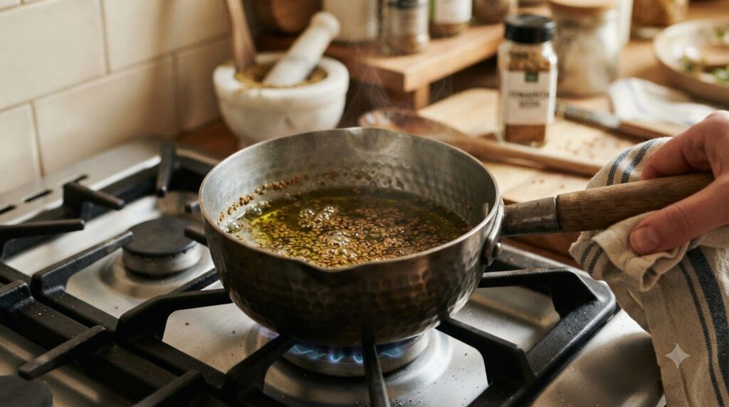 A close-up of a small saucepan on a stovetop gently heating olive oil with crushed fenugreek seeds Steam is barely visib