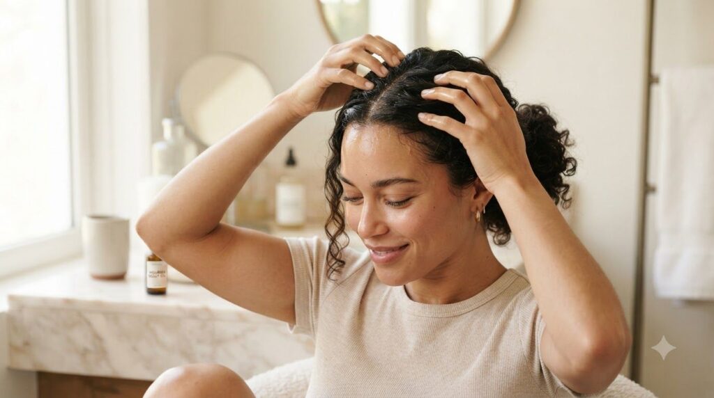 A woman gently massaging her scalp with her fingertips her hair is pulled back showing the application of oil directly t