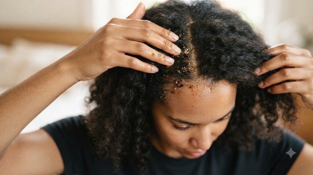 A woman s hands gently massaging rice and clove hair oil into her scalp Her hair is parted and she is applying the oil d