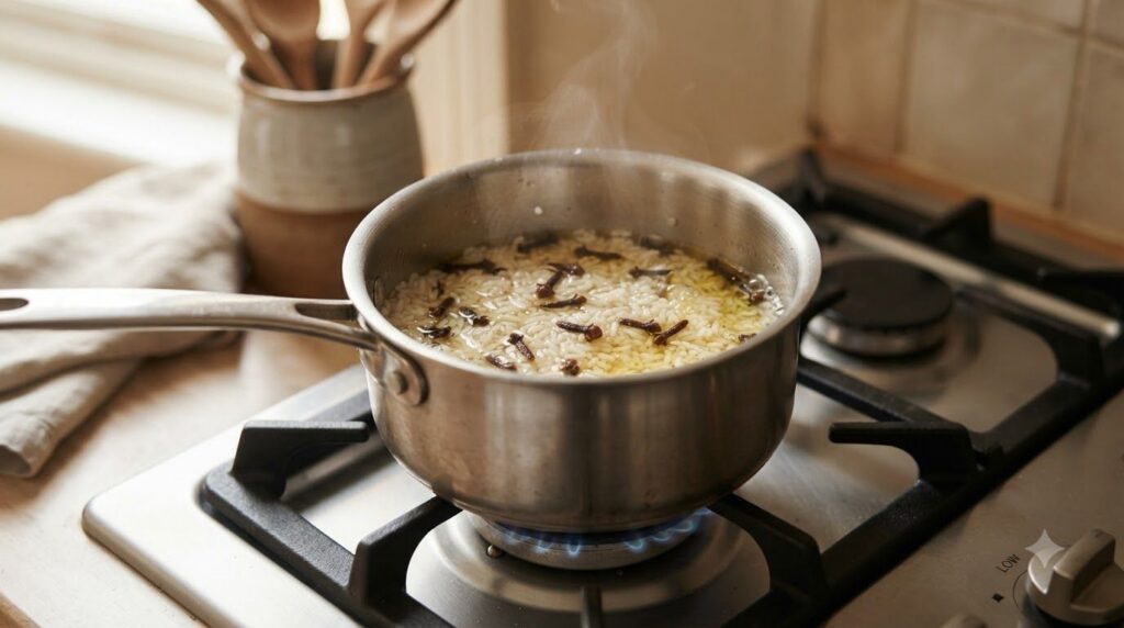 Close-up of a small saucepan on a stove with rice whole cloves and a golden carrier oil gently simmering over low heat S