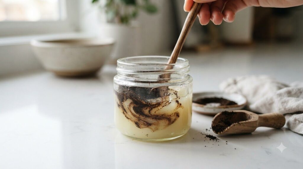 Close-up of finely ground coffee being mixed into a small pot of Vaseline with a small spatula or spoon