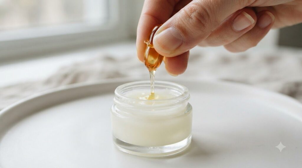 An open Vitamin E capsule being squeezed to release oil into a small pot of Vaseline with a soft focus background