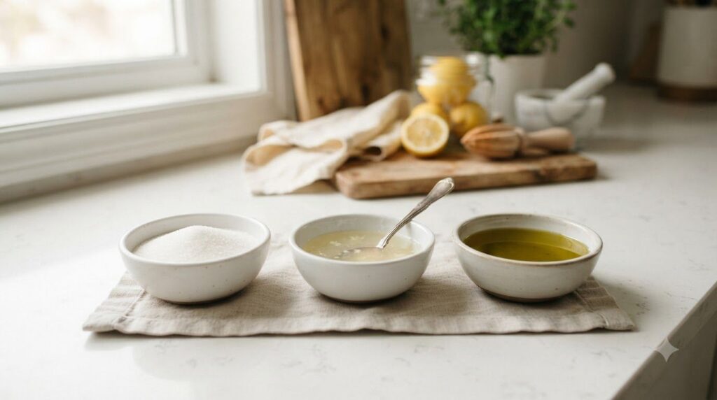 Individual bowls containing granulated sugar fresh lemon juice and olive oil neatly arranged on a rustic wooden table