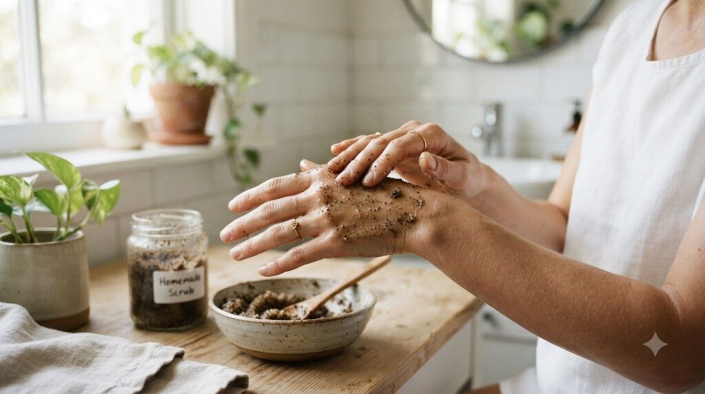 Hands gently massaging a homemade scrub onto the skin focusing on the back of the hands and knuckles