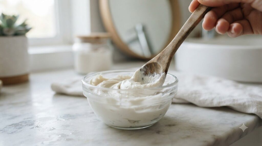 Close-up of a small glass bowl with a white paste being mixed by a wooden spoon against a soft clean background The past