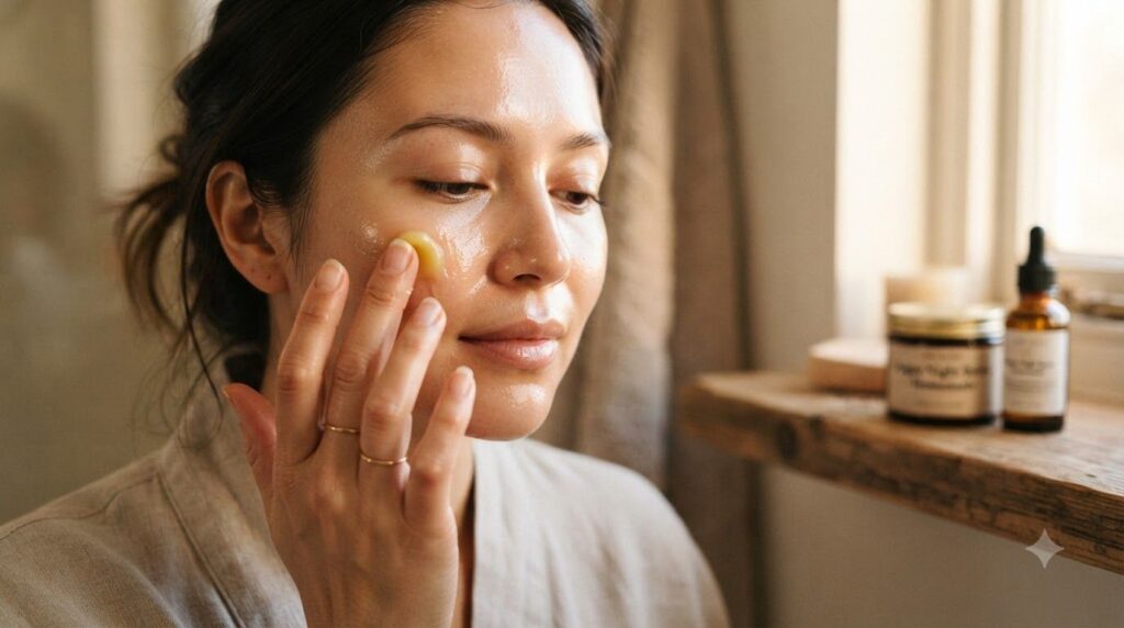 A person s hand gently applying a small amount of the homemade Argan Night Balm to their cleansed face with soft glowing