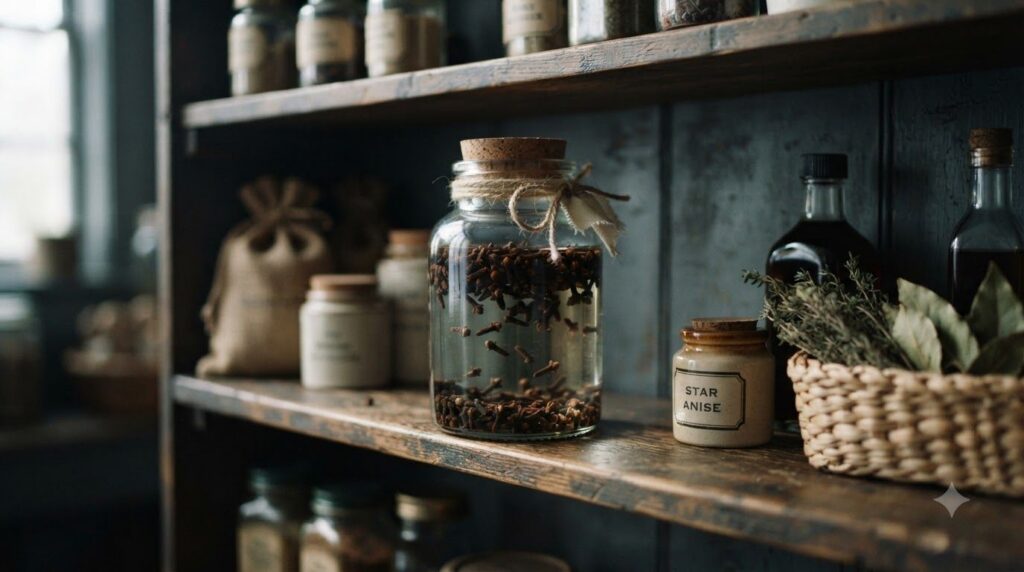 A clear glass jar filled with baby oil and whole cloves sitting on a wooden shelf in a cool dark pantry setting