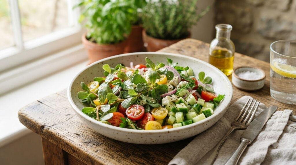A beautifully arranged fresh purslane salad in a light ceramic bowl with halved cherry tomatoes diced cucumber and a lig