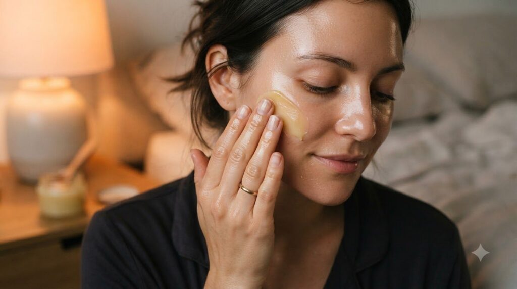 A close-up of a woman s hand gently massaging a small amount of the homemade Vaseline and olive oil balm onto her clean 