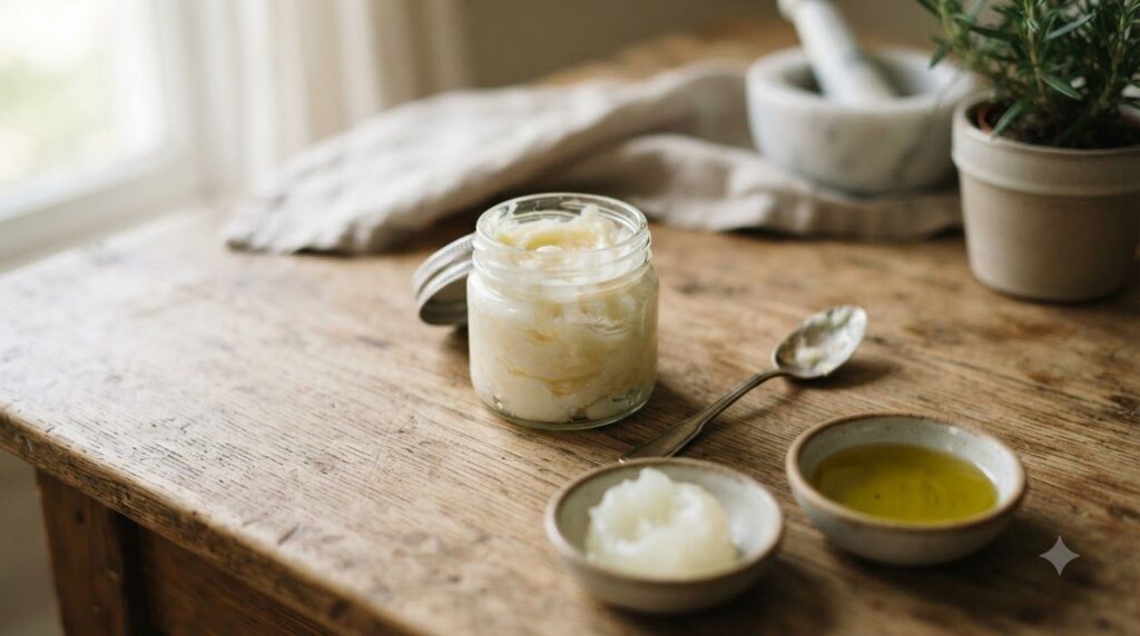 A small glass jar containing a freshly mixed white and yellow balm with a spoon next to it showcasing the two main ingre