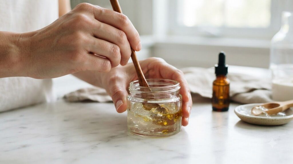 Close-up of hands mixing aloe vera gel glycerin and vitamin E oil in a small glass jar to create a clear night gel
