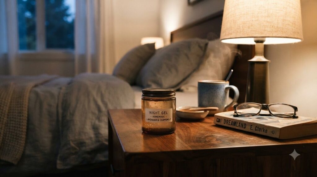 A small glass jar of homemade night gel placed on a bedside table next to a soft lamp indicating an evening routine