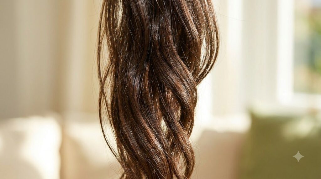 A close-up of healthy shiny hair strands possibly styled loosely to show the positive results of a hair treatment