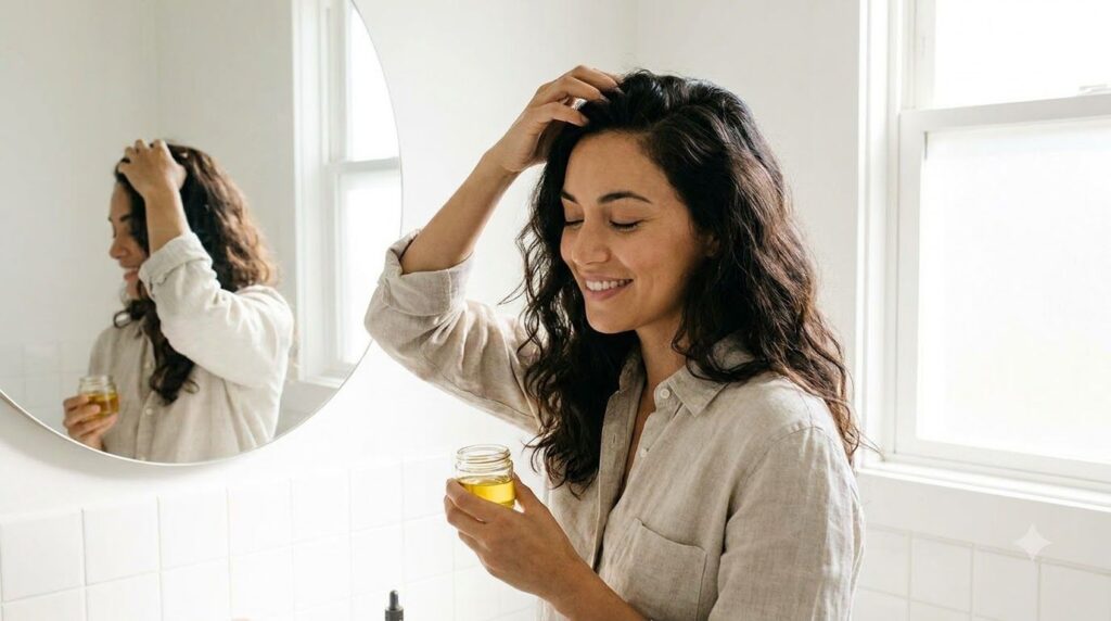 A woman gently massaging a homemade oil into her scalp with her fingertips focusing on the roots of her hair