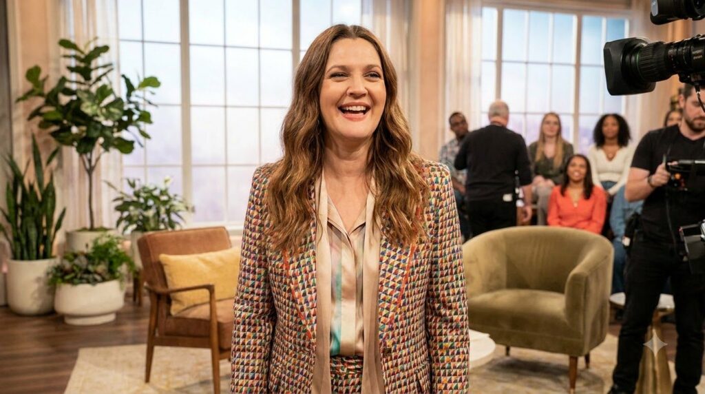 Drew Barrymore hosting The Drew Barrymore Show smiling warmly at the camera with a vibrant set in the background
