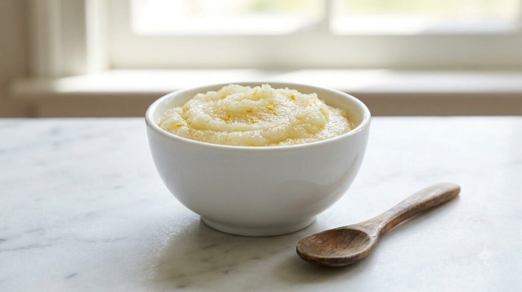 A small bowl filled with a lemon and sugar scrub paste with a spoon beside it on a white countertop