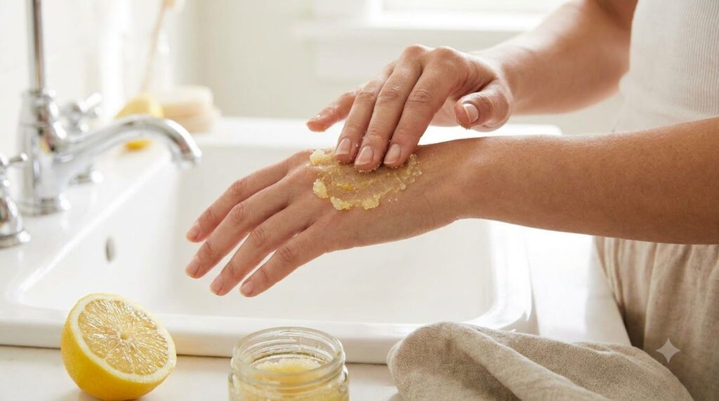 A woman s hands gently massaging a lemon and sugar scrub onto the back of one hand showing the exfoliating texture with