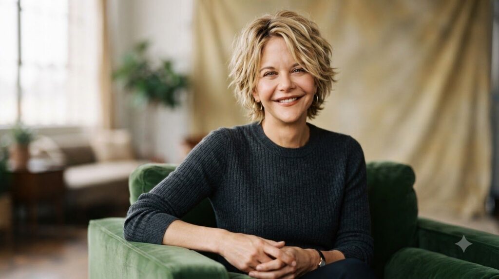 A real publicity photo of Meg Ryan from the 1990s showcasing her signature short blonde choppy haircut and warm smile