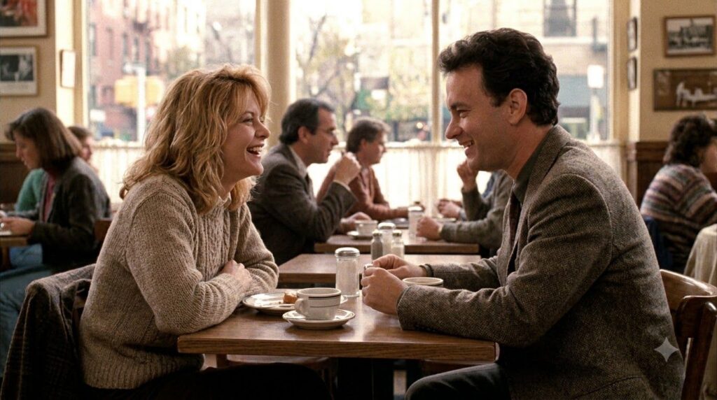 A real film still of Meg Ryan and Tom Hanks in When Harry Met Sally laughing and looking at each other