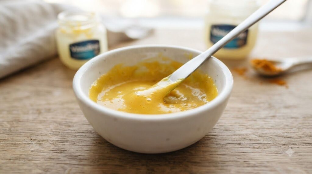 A close-up of a small bowl containing a yellow paste being mixed with a tiny spatula or spoon showing the consistency of