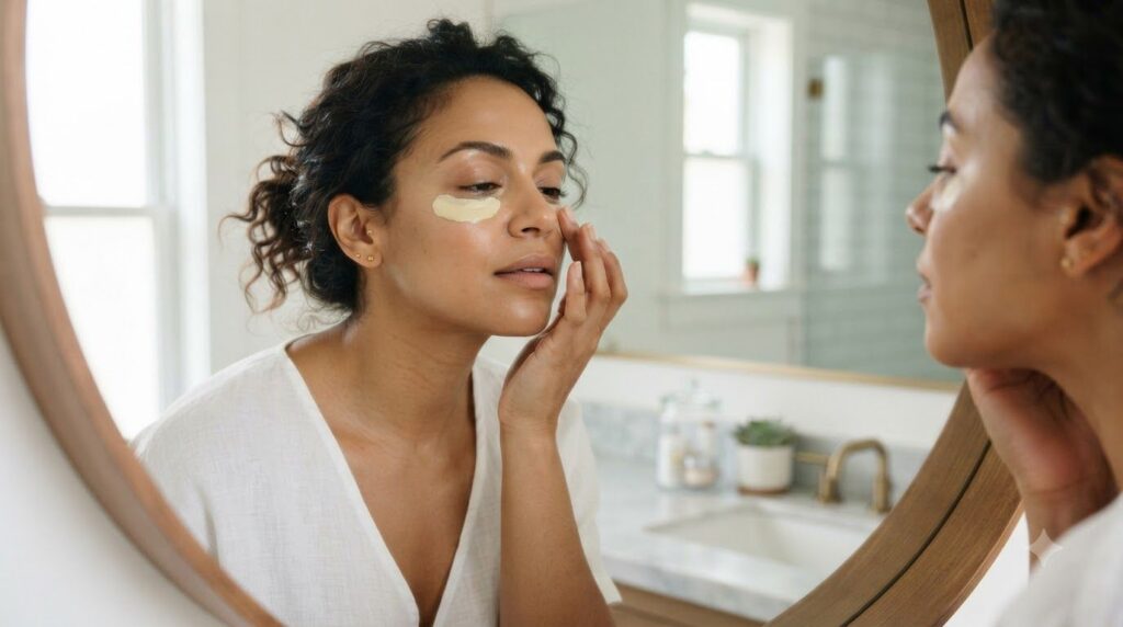 A woman gently applying a thin layer of the yellow turmeric and Vaseline paste under her eye with her fingertip focusing