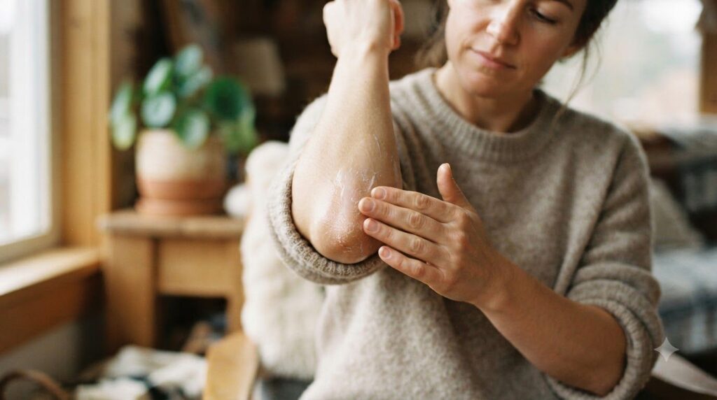A woman gently massaging the homemade balm onto her dry elbow showing the smooth texture and the moisturizing effect on