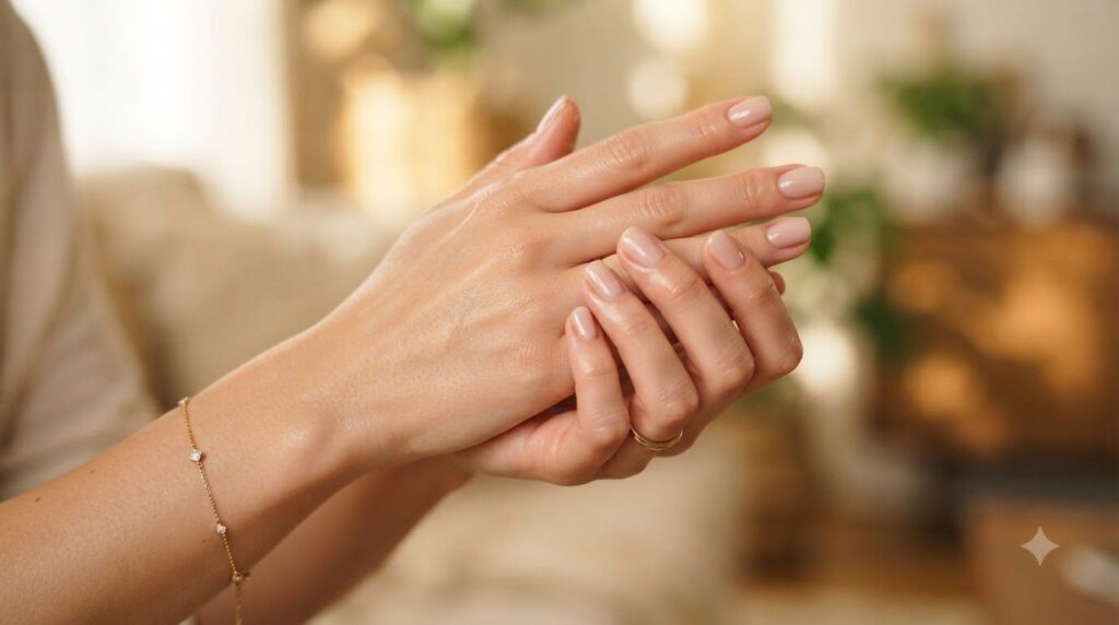 A woman s hands looking soft smooth and radiant possibly after a beauty treatment The lighting is warm and highlights th