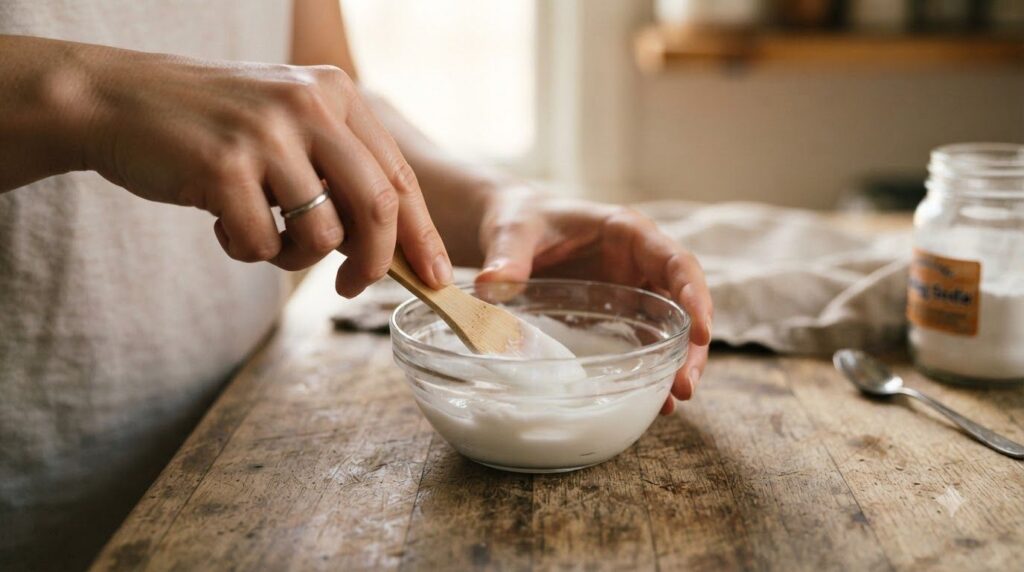 Hands mixing Vaseline and baking soda in a small bowl with a spatula to form a smooth paste