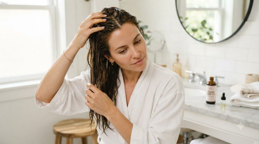A person s hand massaging onion hair oil into their scalp showing proper application for hair treatment