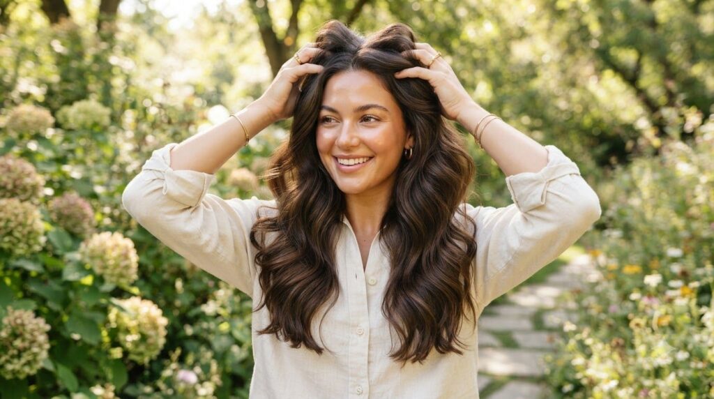 A woman with visibly healthy thick and shiny hair running her fingers through it to illustrate the desired outcome of us