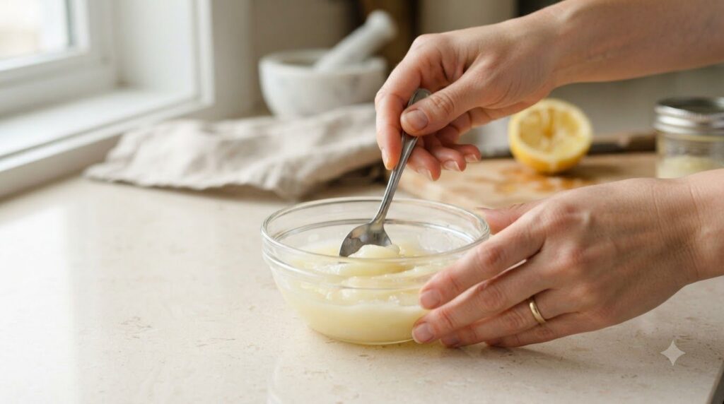 A person s hands mixing petroleum jelly and lemon juice in a small glass bowl with a spoon