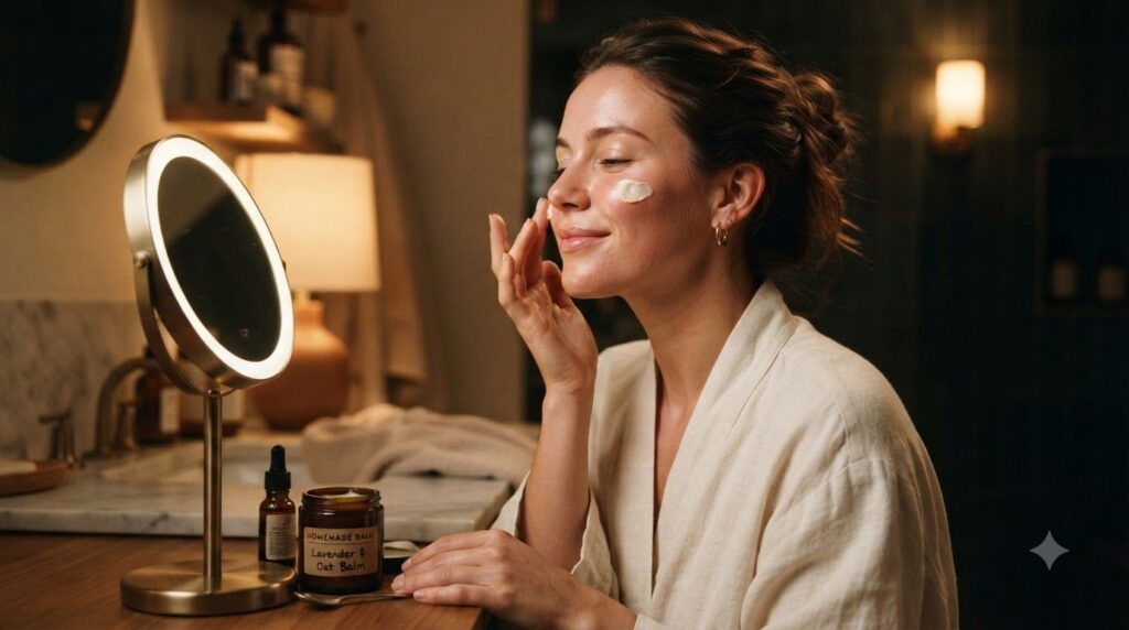 A woman gently applying a small amount of the DIY Face Bloom balm to her face at night perhaps around her eye area in a