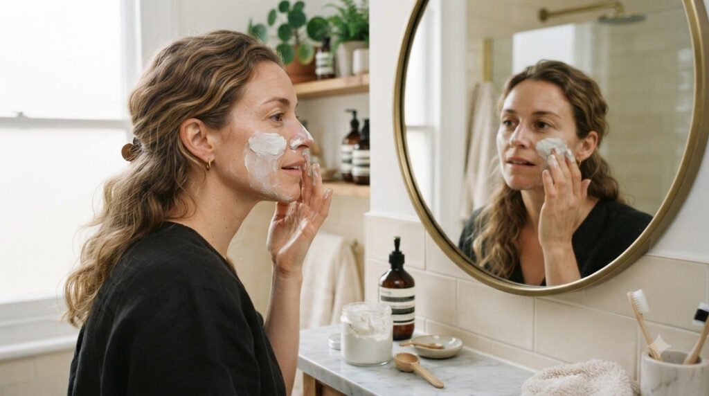 A woman gently applying the Vaseline and baking soda mixture to her face looking in a mirror Her skin appears soft