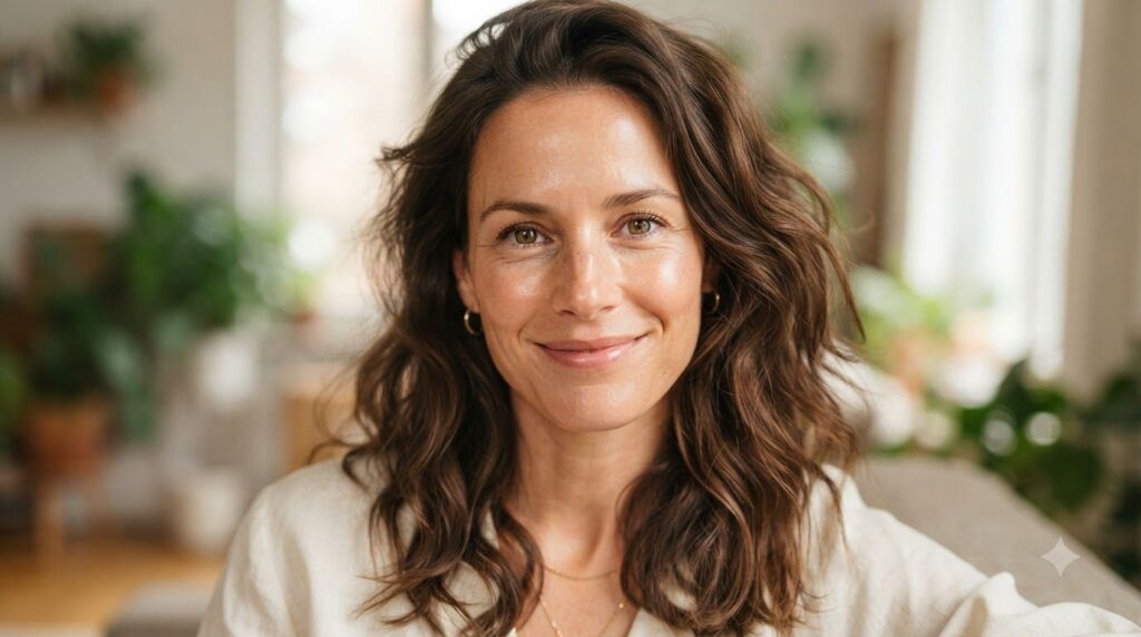 Close-up of a radiant and healthy-looking woman s face after using a skincare treatment showing glowing skin