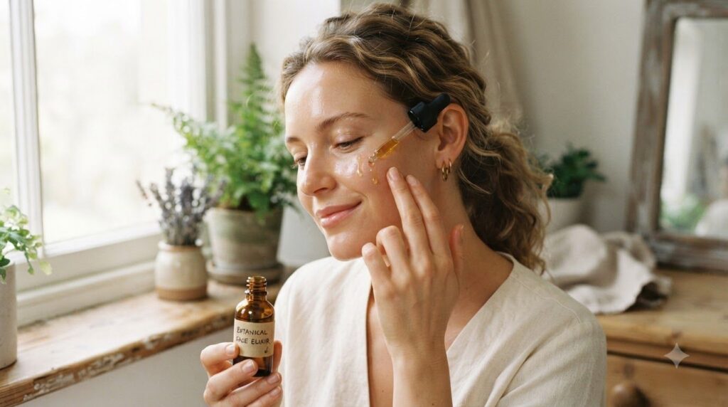 A woman gently applying a few drops of homemade oil to her cheek her skin looking soft and radiant in soft natural light