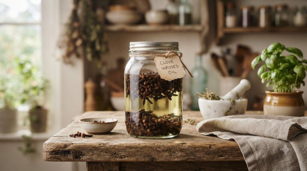 A glass jar filled with whole cloves submerged in a clear carrier oil sitting on a wooden shelf in a softly lit rustic k